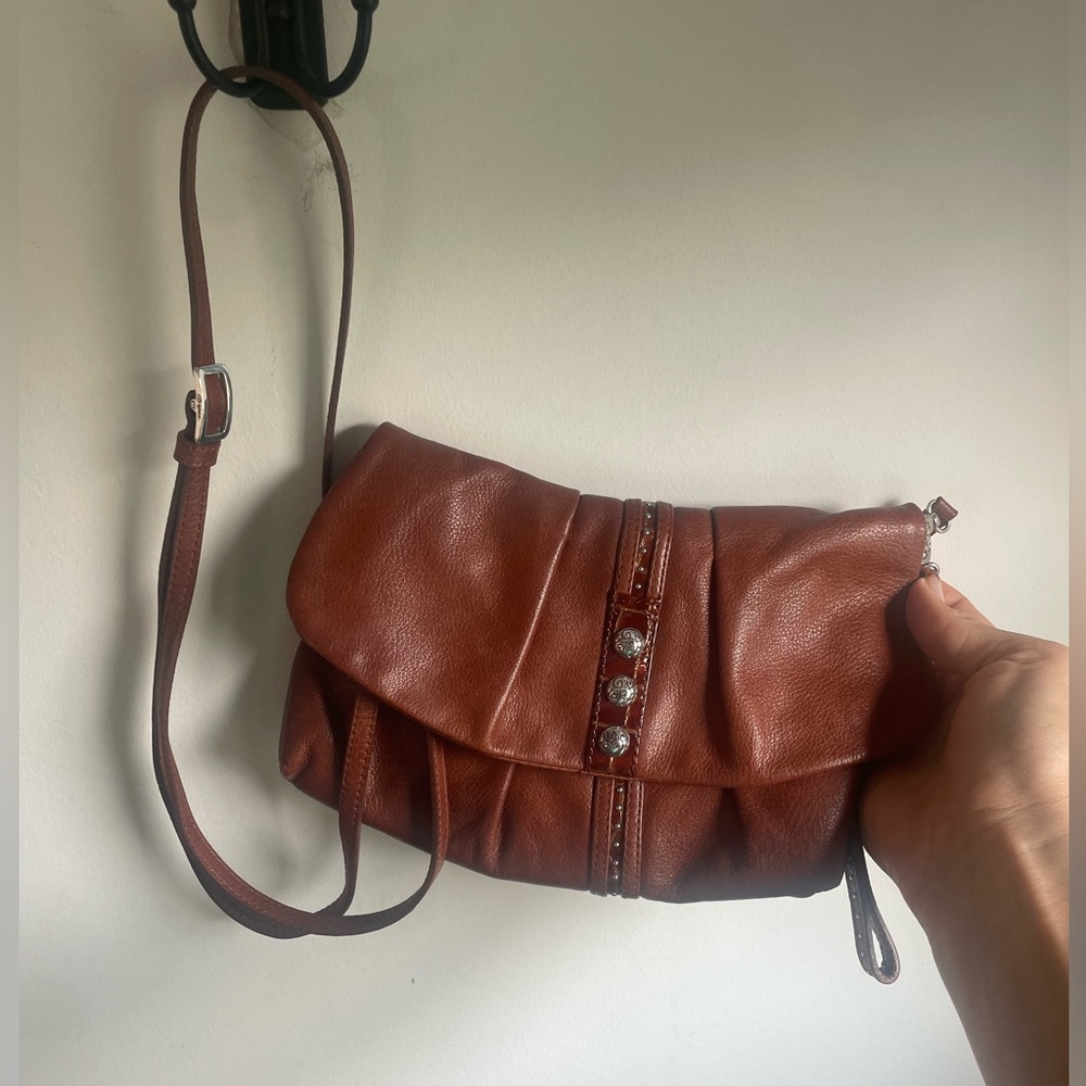 Vintage Brighton crossbody Brown Leather Silver Embellishments Neutral -J